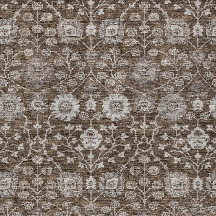 5' X 8' Chocolate Beige And Gray Floral Washable Indoor Outdoor Area Rug