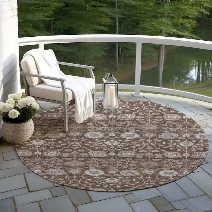 8' Chocolate Beige And Gray Round Floral Washable Indoor Outdoor Area Rug