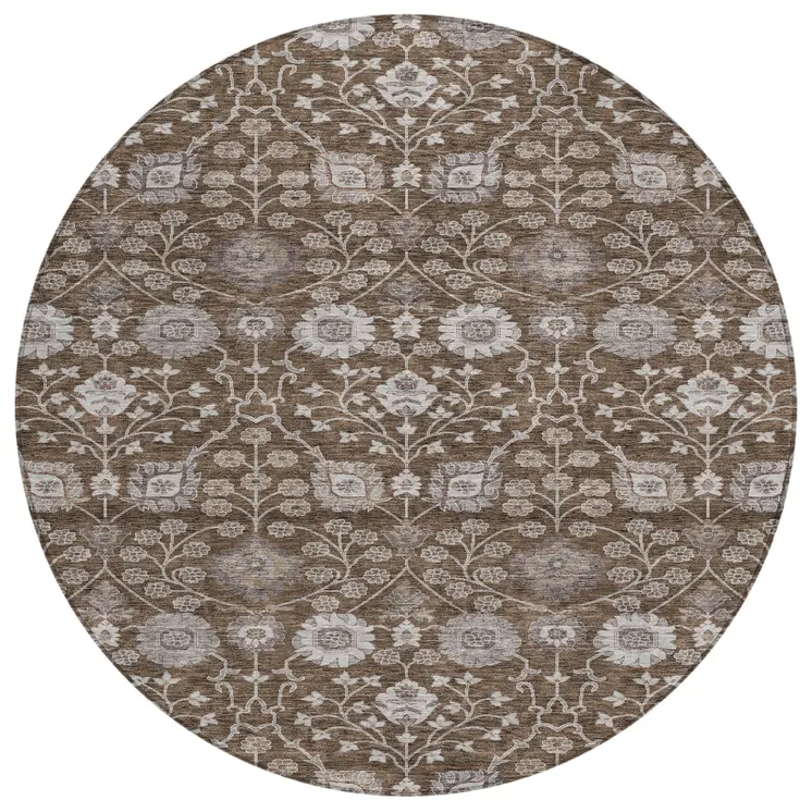 8' Chocolate Beige And Gray Round Floral Washable Indoor Outdoor Area Rug