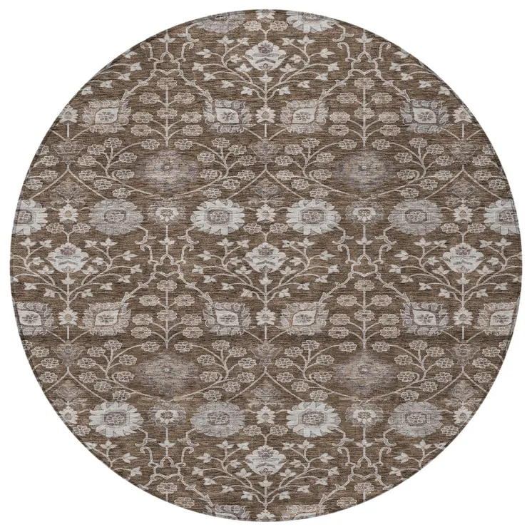 8' Chocolate Beige And Gray Round Floral Washable Indoor Outdoor Area Rug