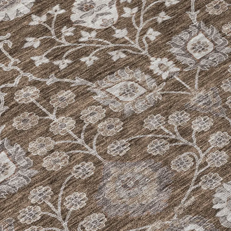 8' Chocolate Beige And Gray Round Floral Washable Indoor Outdoor Area Rug