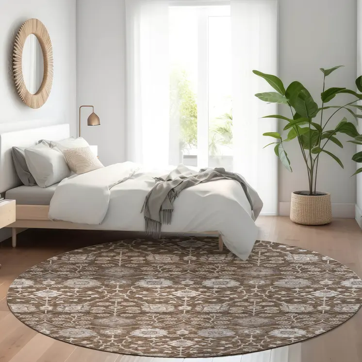 8' Chocolate Beige And Gray Round Floral Washable Indoor Outdoor Area Rug