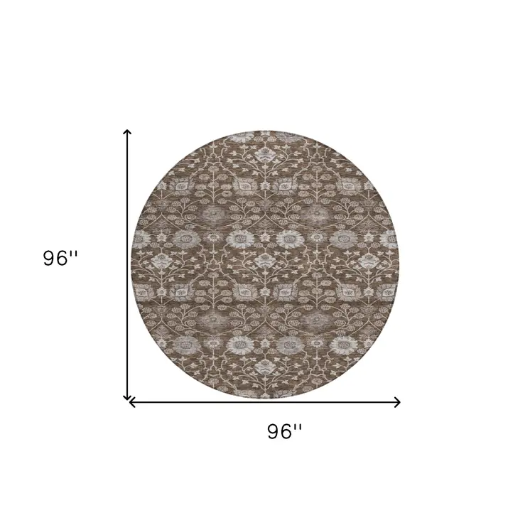 8' Chocolate Beige And Gray Round Floral Washable Indoor Outdoor Area Rug