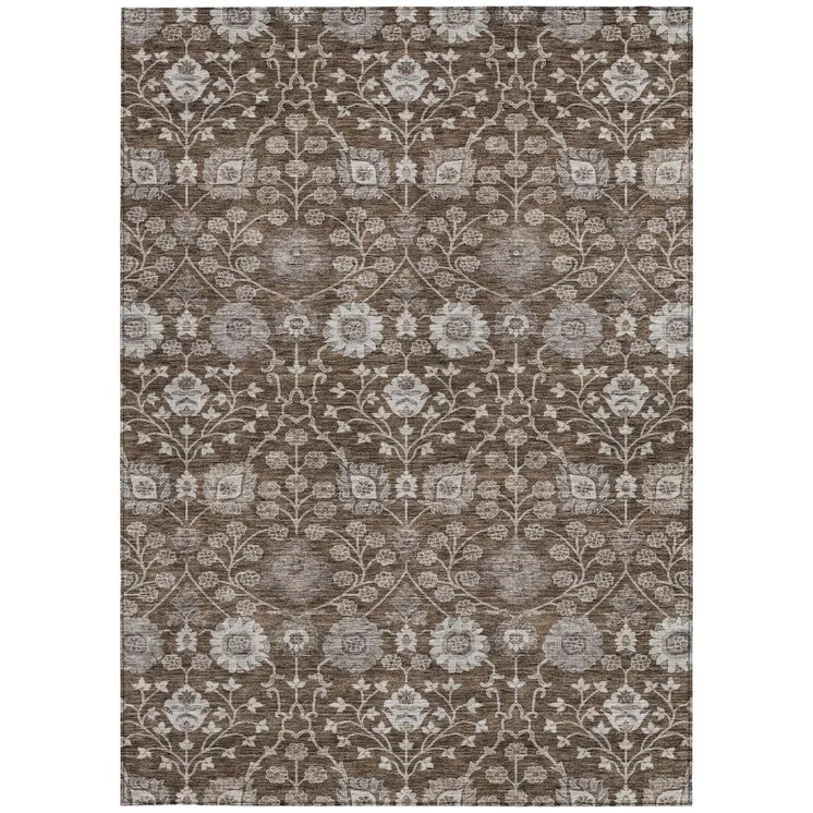 9' X 12' Chocolate Beige And Gray Floral Washable Indoor Outdoor Area Rug
