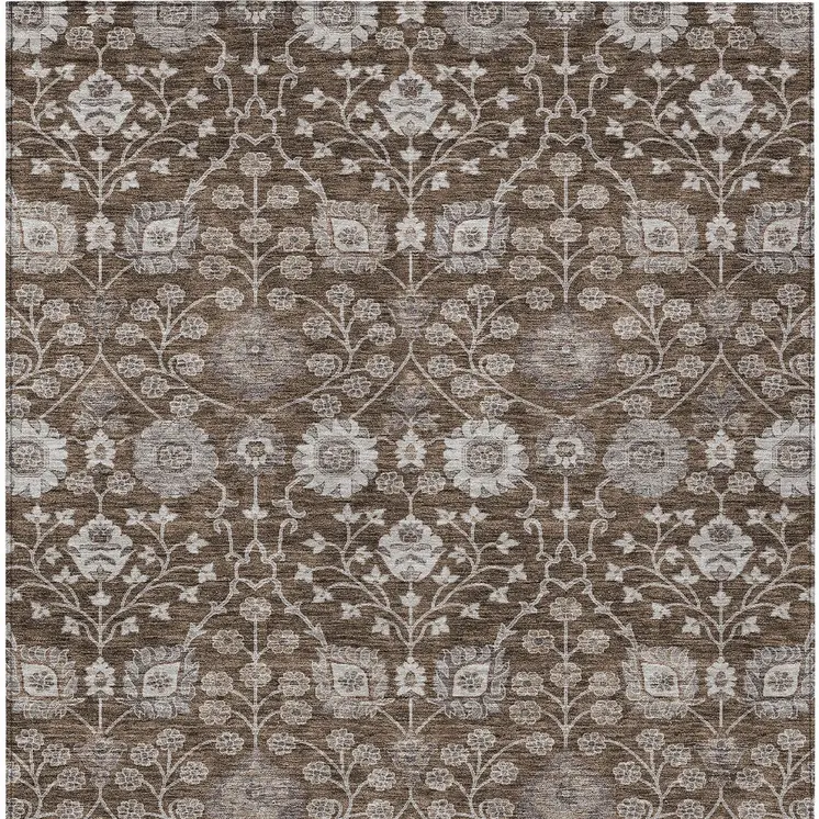 10' X 14' Chocolate Beige And Gray Floral Washable Indoor Outdoor Area Rug