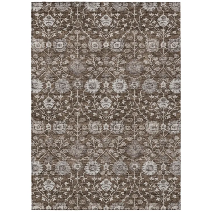 10' X 14' Chocolate Beige And Gray Floral Washable Indoor Outdoor Area Rug