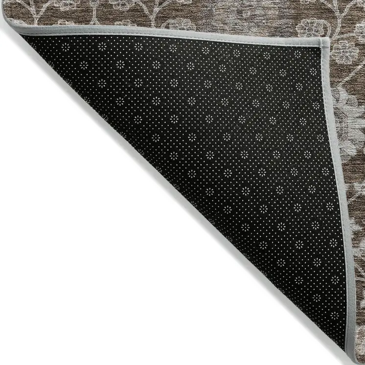 10' X 14' Chocolate Beige And Gray Floral Washable Indoor Outdoor Area Rug