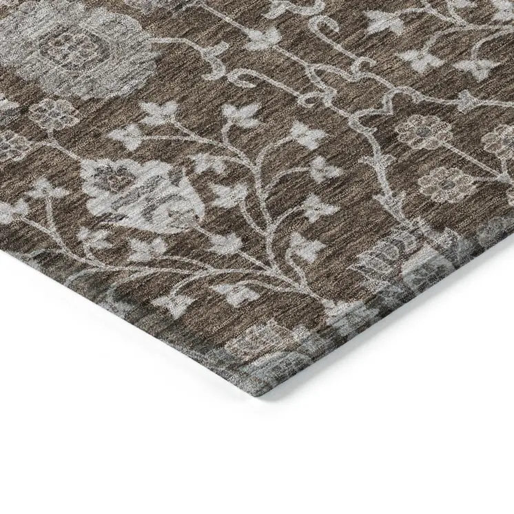 10' X 14' Chocolate Beige And Gray Floral Washable Indoor Outdoor Area Rug