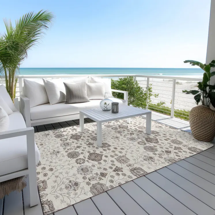 5' X 8' Ivory Brown And Gray Floral Washable Indoor Outdoor Area Rug