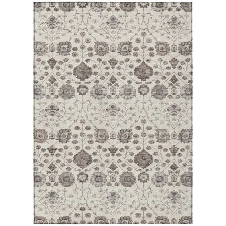 5' X 8' Ivory Brown And Gray Floral Washable Indoor Outdoor Area Rug