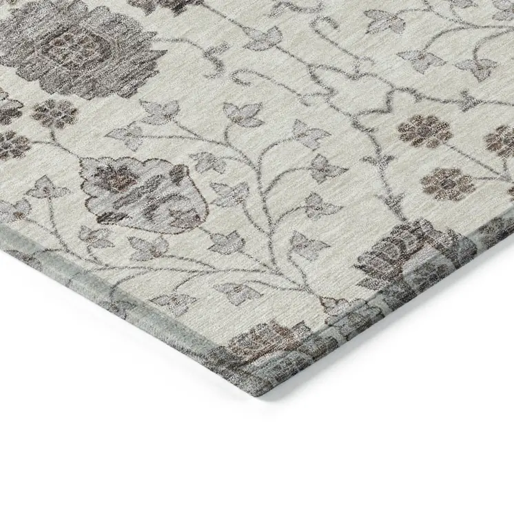 5' X 8' Ivory Brown And Gray Floral Washable Indoor Outdoor Area Rug