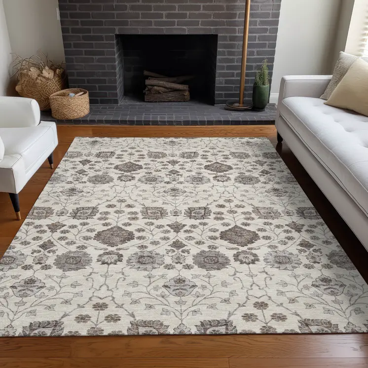 5' X 8' Ivory Brown And Gray Floral Washable Indoor Outdoor Area Rug