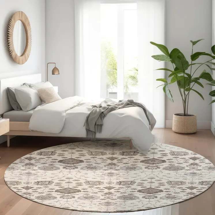 8' Ivory Brown And Gray Round Floral Washable Indoor Outdoor Area Rug