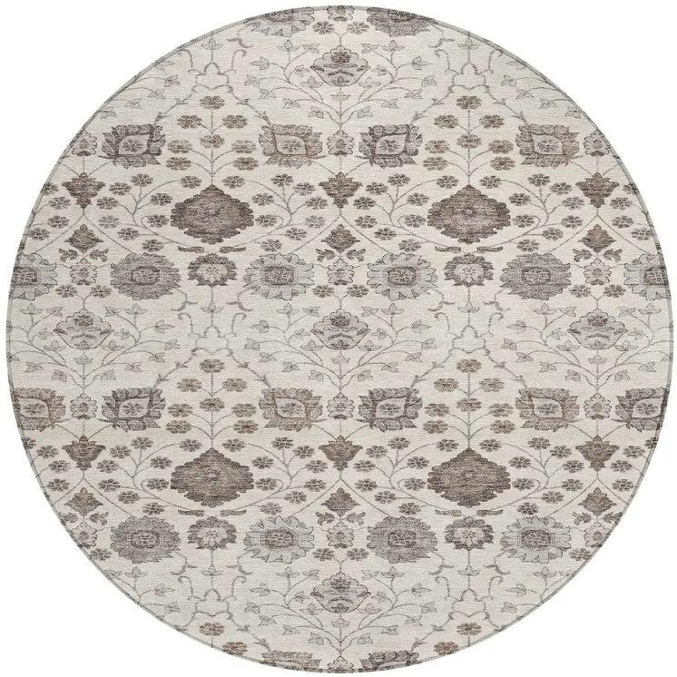 8' Ivory Brown And Gray Round Floral Washable Indoor Outdoor Area Rug