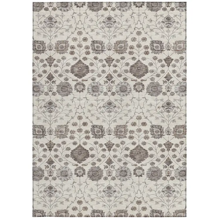 8' X 10' Ivory Brown And Gray Floral Washable Indoor Outdoor Area Rug