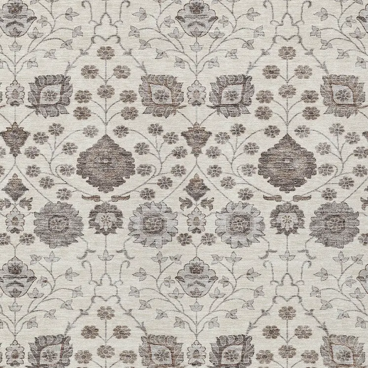 9' X 12' Ivory Brown And Gray Floral Washable Indoor Outdoor Area Rug