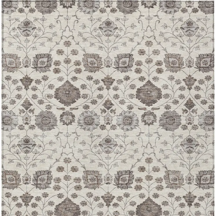 10' X 14' Ivory Brown And Gray Floral Washable Indoor Outdoor Area Rug