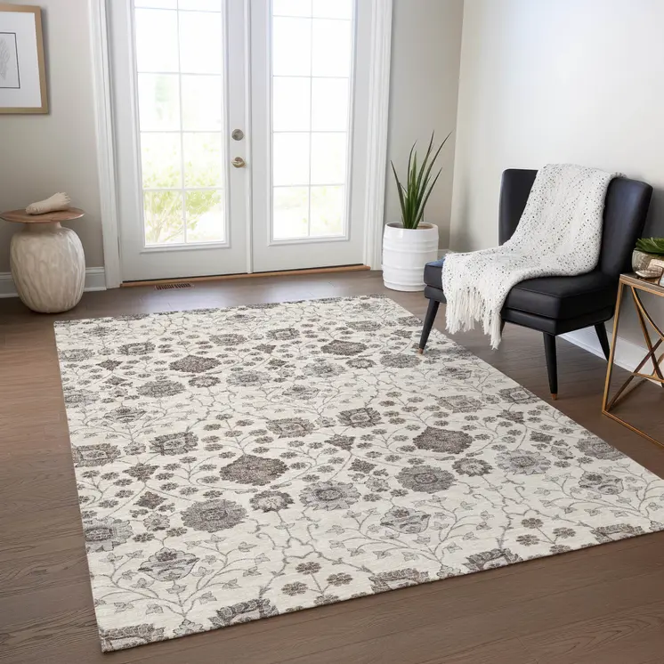 10' X 14' Ivory Brown And Gray Floral Washable Indoor Outdoor Area Rug