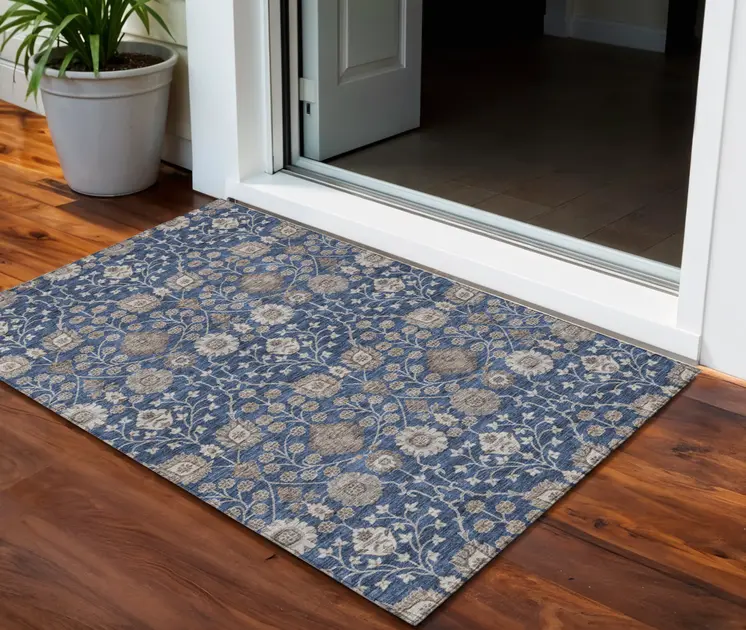 3' X 5' Navy Blue Brown And Beige Floral Washable Indoor Outdoor Area Rug