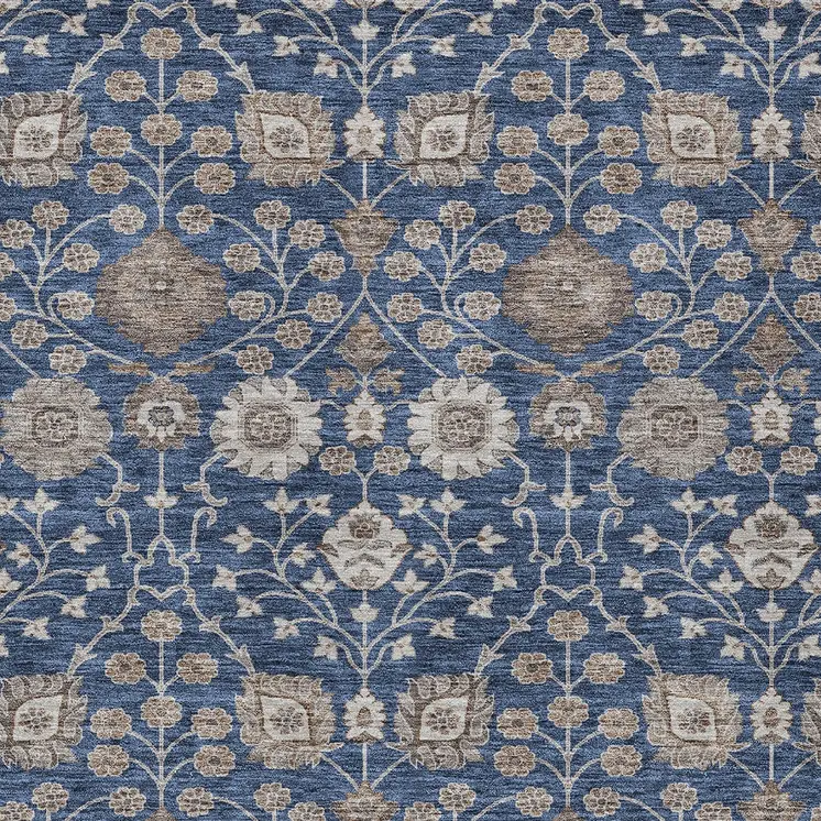 3' X 5' Navy Blue Brown And Beige Floral Washable Indoor Outdoor Area Rug