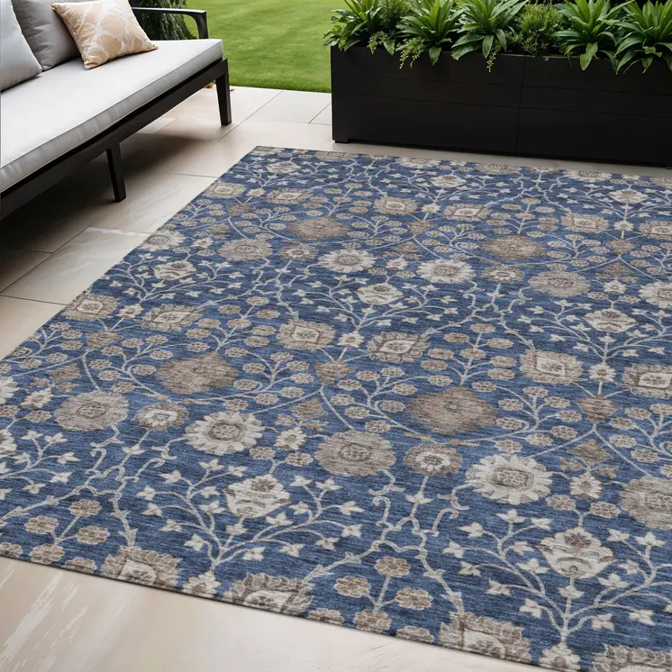 5' X 8' Navy Blue Brown And Beige Floral Washable Indoor Outdoor Area Rug