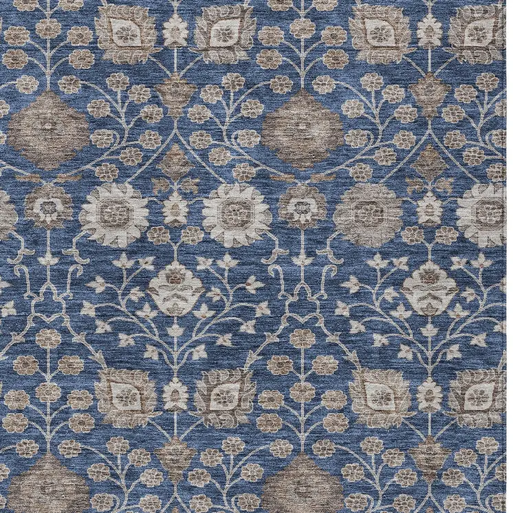 5' X 8' Navy Blue Brown And Beige Floral Washable Indoor Outdoor Area Rug