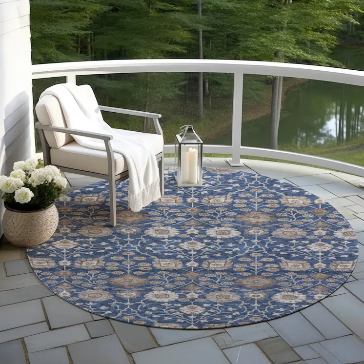 8' Navy Blue Brown And Beige Round Floral Washable Indoor Outdoor Area Rug