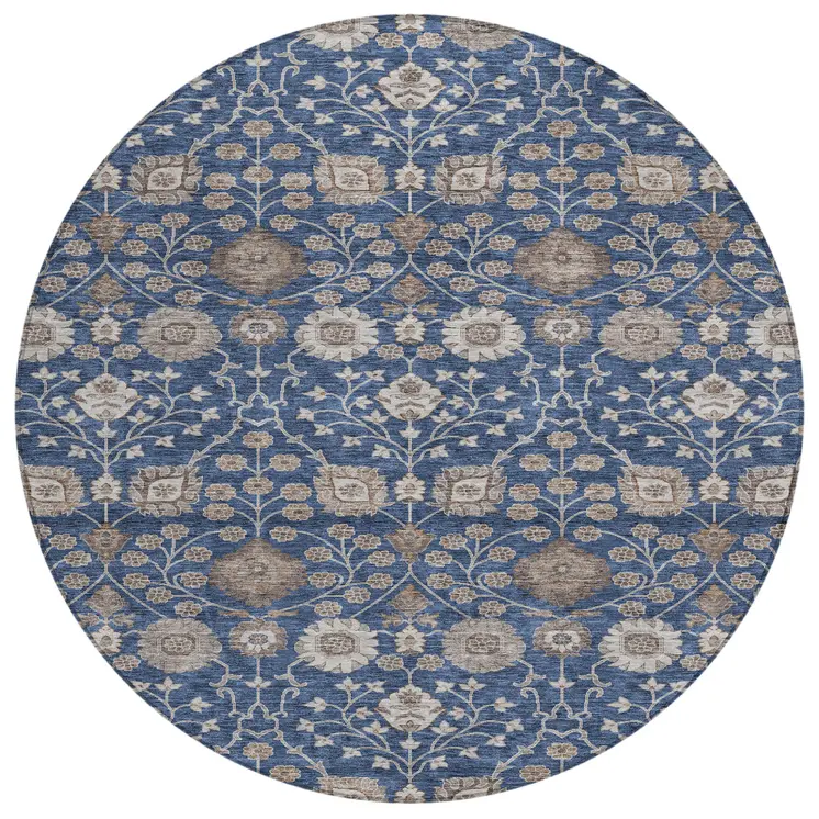 8' Navy Blue Brown And Beige Round Floral Washable Indoor Outdoor Area Rug