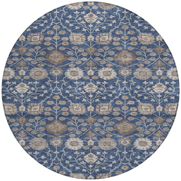 8' Navy Blue Brown And Beige Round Floral Washable Indoor Outdoor Area Rug