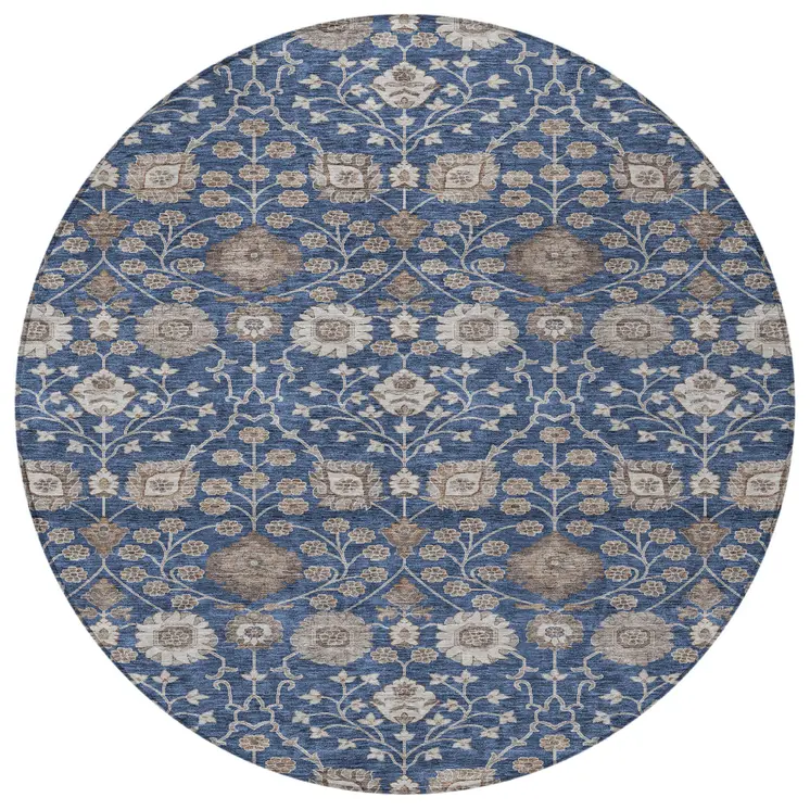 8' Navy Blue Brown And Beige Round Floral Washable Indoor Outdoor Area Rug
