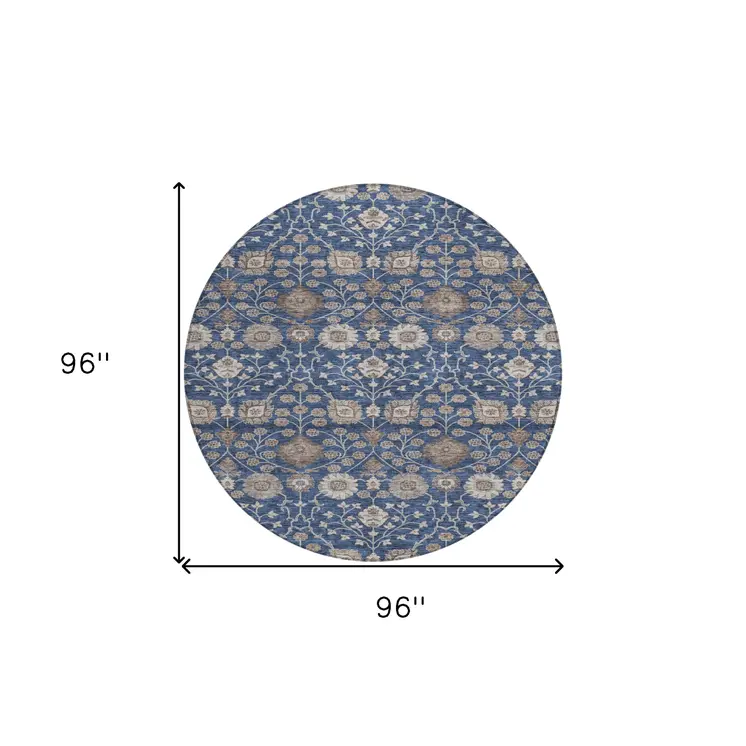8' Navy Blue Brown And Beige Round Floral Washable Indoor Outdoor Area Rug