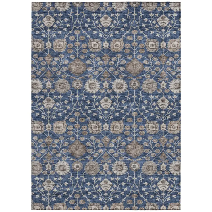 8' X 10' Navy Blue Brown And Beige Floral Washable Indoor Outdoor Area Rug