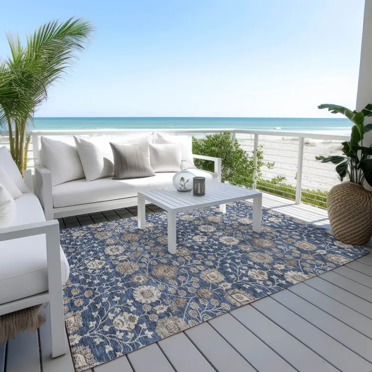 8' X 10' Navy Blue Brown And Beige Floral Washable Indoor Outdoor Area Rug