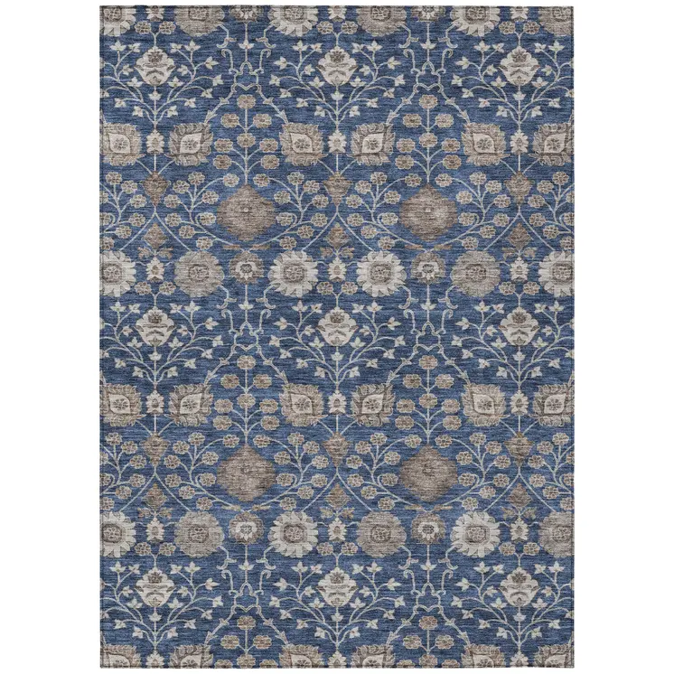 8' X 10' Navy Blue Brown And Beige Floral Washable Indoor Outdoor Area Rug