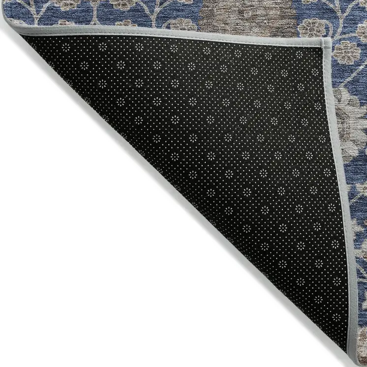 8' X 10' Navy Blue Brown And Beige Floral Washable Indoor Outdoor Area Rug