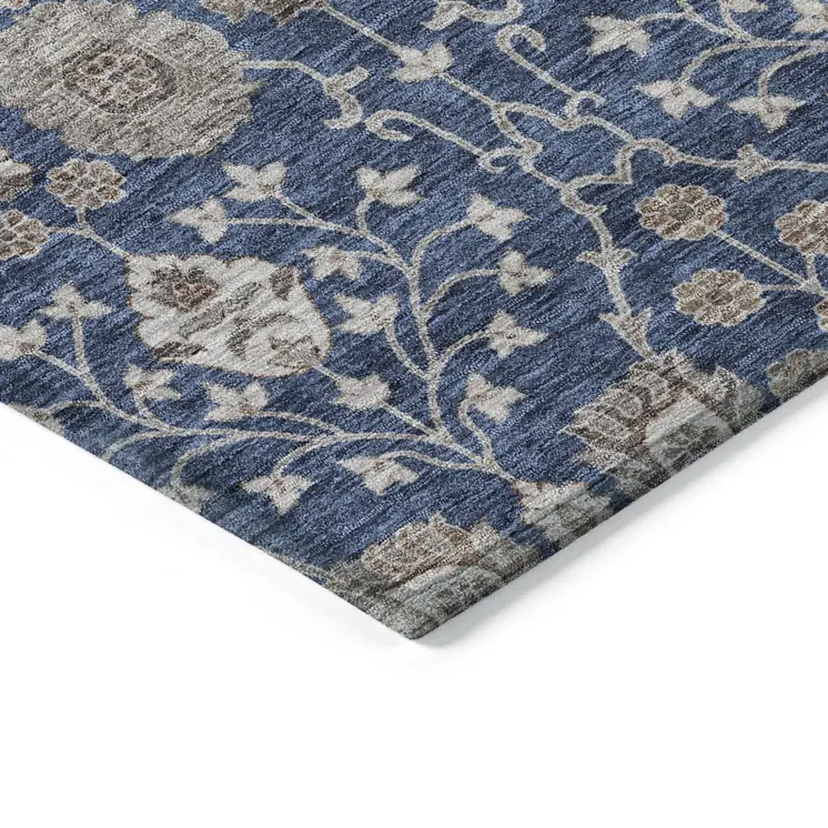 8' X 10' Navy Blue Brown And Beige Floral Washable Indoor Outdoor Area Rug
