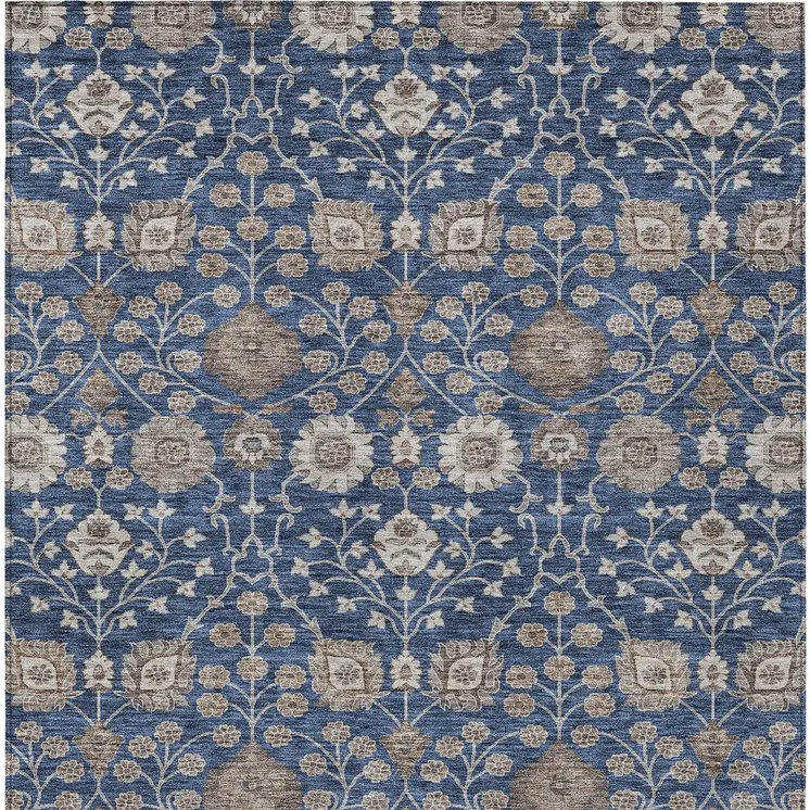 8' X 10' Navy Blue Brown And Beige Floral Washable Indoor Outdoor Area Rug