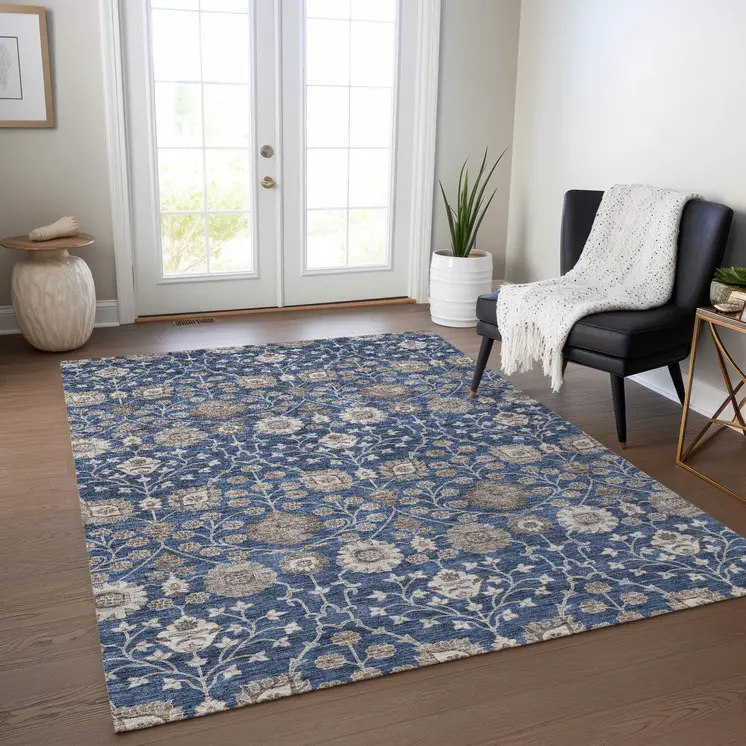 8' X 10' Navy Blue Brown And Beige Floral Washable Indoor Outdoor Area Rug