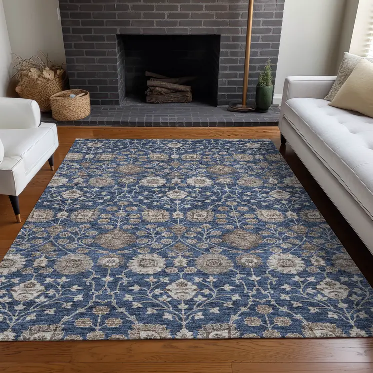 8' X 10' Navy Blue Brown And Beige Floral Washable Indoor Outdoor Area Rug