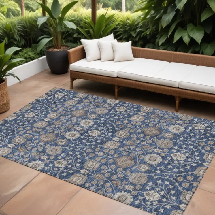 9' X 12' Navy Blue Brown And Beige Floral Washable Indoor Outdoor Area Rug
