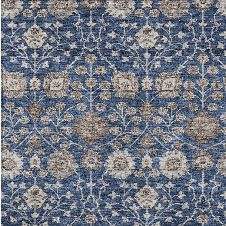 9' X 12' Navy Blue Brown And Beige Floral Washable Indoor Outdoor Area Rug