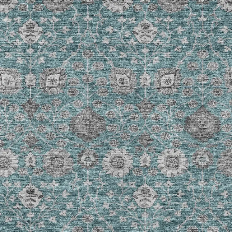 3' X 5' Teal Blue Gray And Charcoal Floral Washable Indoor Outdoor Area Rug