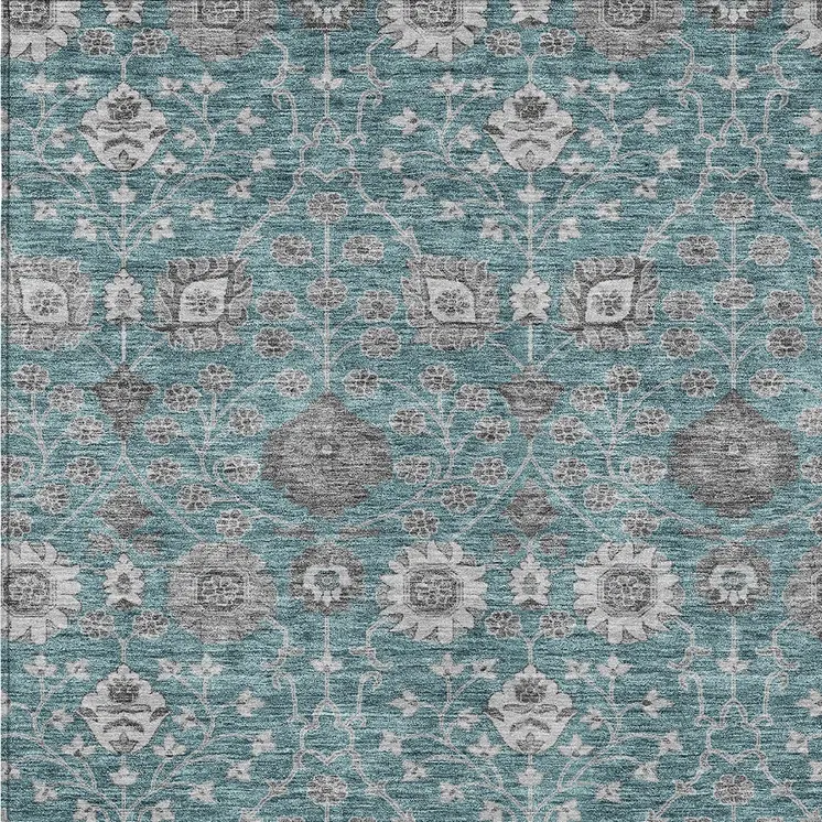 5' X 8' Teal Blue Gray And Charcoal Floral Washable Indoor Outdoor Area Rug