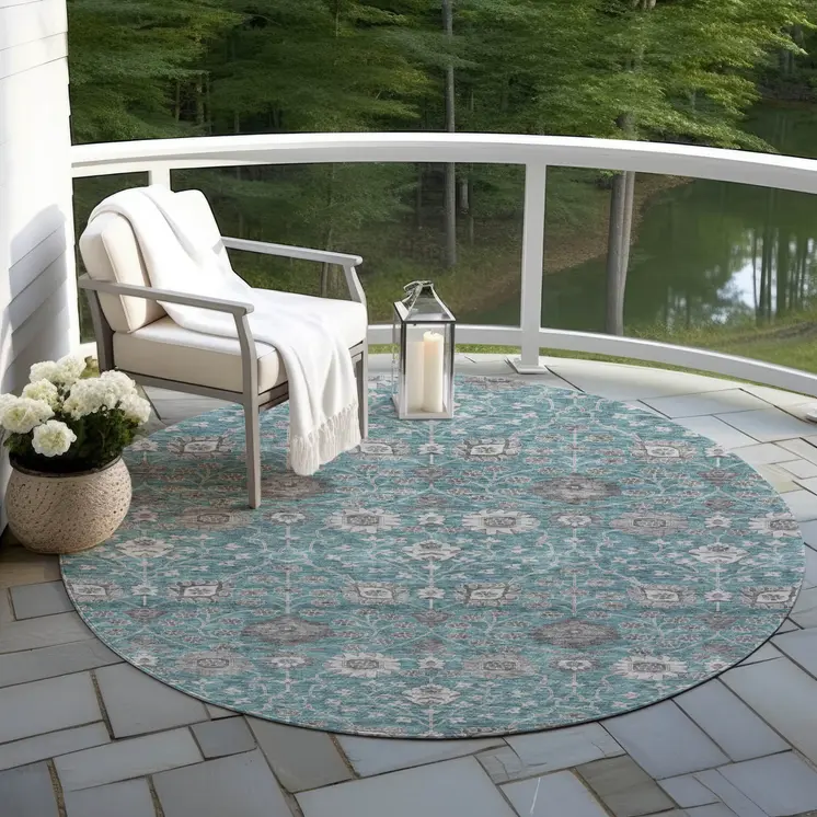 8' Teal Blue Gray And Charcoal Round Floral Washable Indoor Outdoor Area Rug