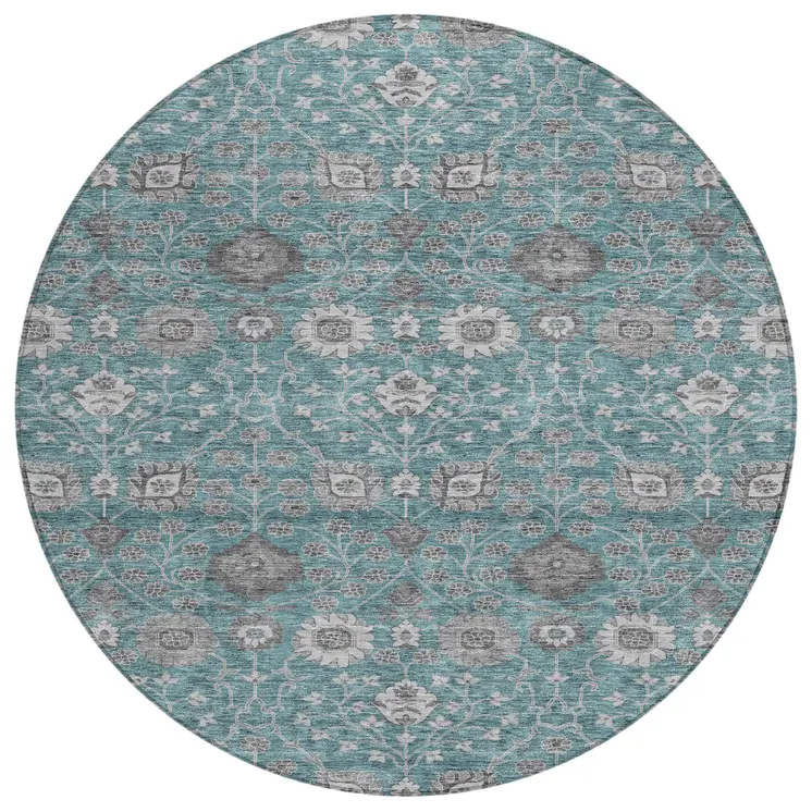 8' Teal Blue Gray And Charcoal Round Floral Washable Indoor Outdoor Area Rug
