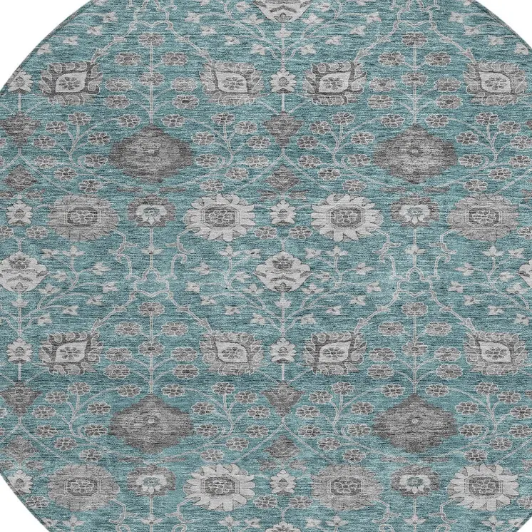 8' Teal Blue Gray And Charcoal Round Floral Washable Indoor Outdoor Area Rug