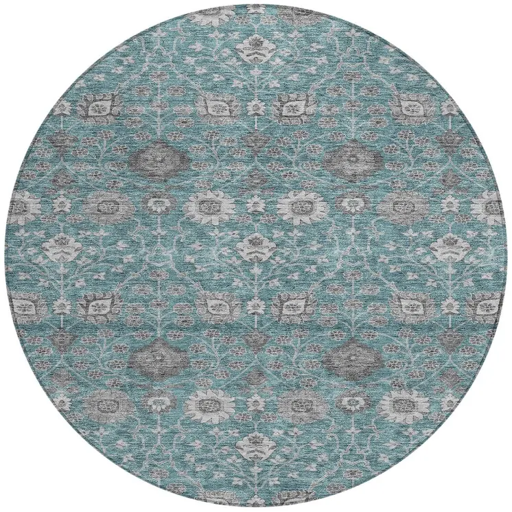 8' Teal Blue Gray And Charcoal Round Floral Washable Indoor Outdoor Area Rug