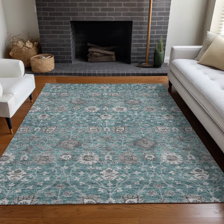 8' X 10' Teal Blue Gray And Charcoal Floral Washable Indoor Outdoor Area Rug