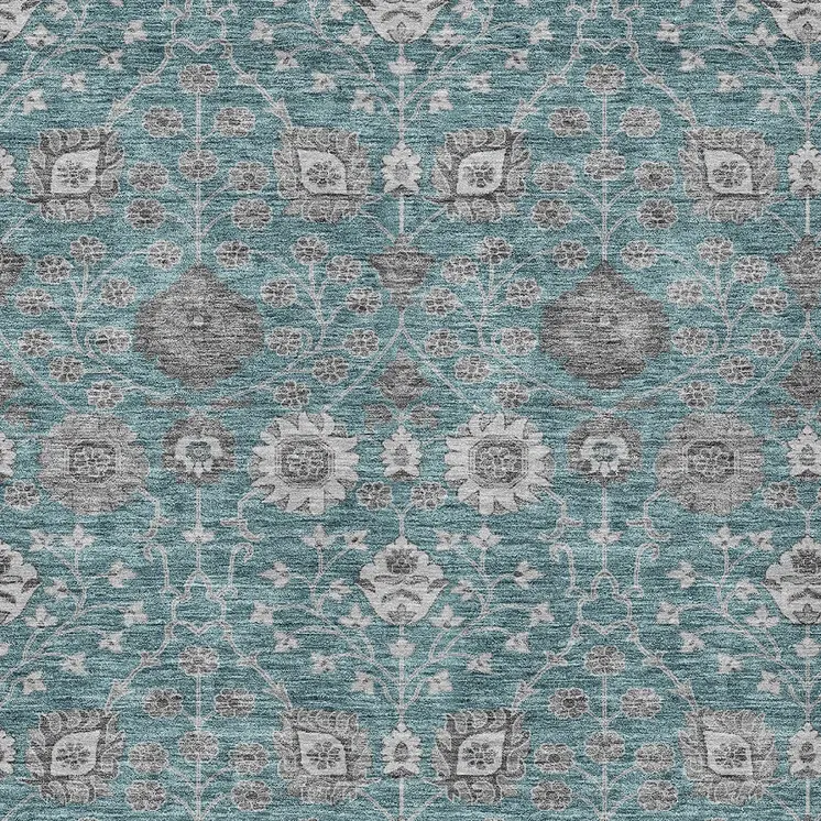 9' X 12' Teal Blue Gray And Charcoal Floral Washable Indoor Outdoor Area Rug