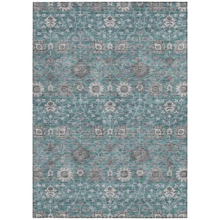 10' X 14' Teal Blue Gray And Charcoal Floral Washable Indoor Outdoor Area Rug
